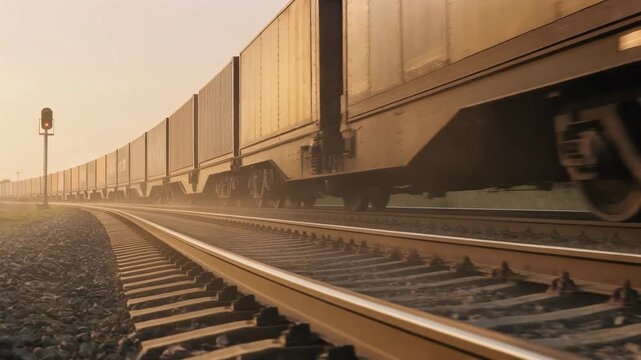Long freight train with cargo containers moving on a railway track at sunrise or sunset