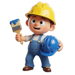 Fototapeta premium Cartoon boy painter holding brush isolated on transparent background