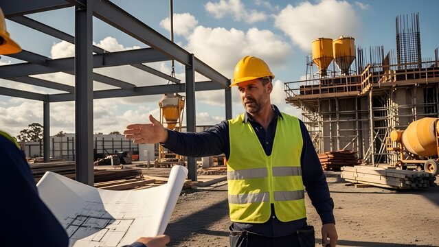 Professional workers coordinate building development plans on an active construction site.