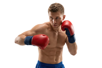 Muscular Caucasian Man in Red Boxing Gloves and Blue Shorts Ready to Fight