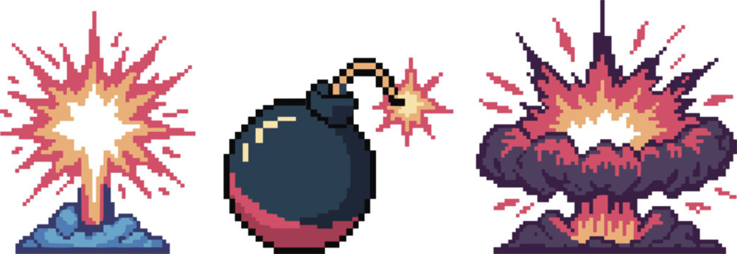 Pixel art explosion and bomb blast set for retro video game action and combat design
