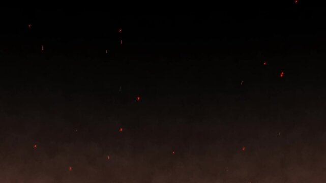 Fire sparks rising up. Moving banner with orange cloud of smoke and sparkling ash particles from burning flame. Design with dark alpha channel. Realistic graphic animated footage