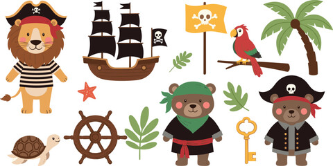 Cute pirate animals illustration set with lion bear parrot ship and tropical elements, playful adventure collection for kids nursery decor and storytelling flat vector designs © Mostafijur