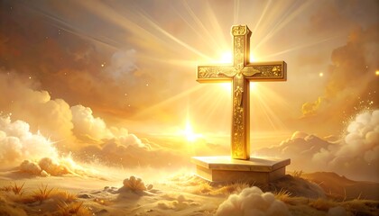 Golden Cross Shining Brightly in Heavenly Clouds.