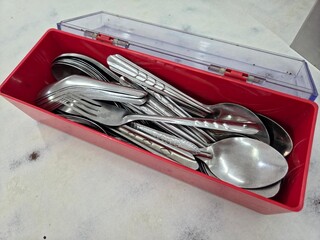 Assorted Stainless Steel Cutlery and Spoons in a Red Plastic Storage Case