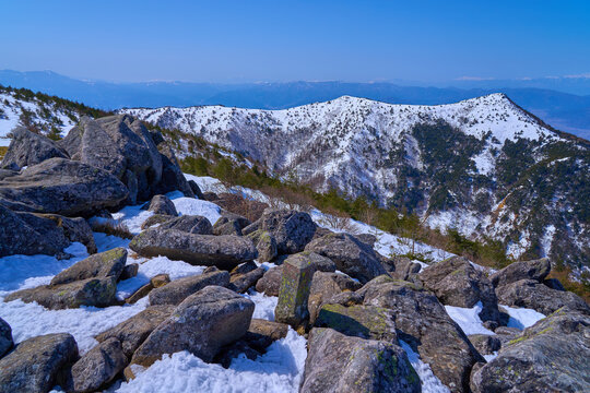 冬の長野県(群馬県)の湯ノ丸山の北峰の三角点から西側の眺望(烏帽子岳,小烏帽子岳など)