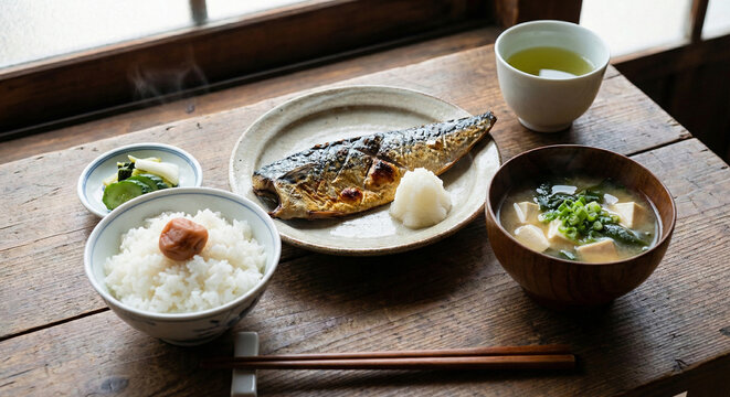 日本の朝食、梅干しと白ごはんと焼き魚の朝食