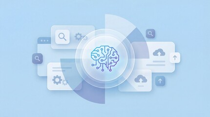 Brain with circuit board and internet icons on blue background