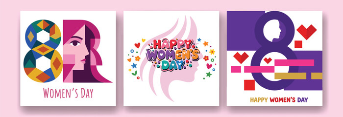 Fototapeta premium Women's Day colorful cards set with floral typography and feminist symbols, March 8 celebration cards and decorative elements, international women's day banners