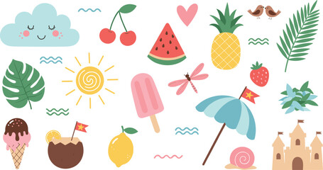 Fototapeta premium Cute summer illustration set with tropical fruits ice cream beach umbrella sun and playful elements, colorful seasonal collection for kids designs and vacation themed flat vector artwork