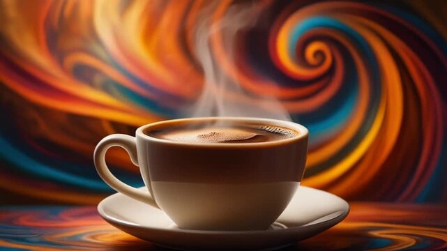 Steaming Coffee Cup on Abstract Background: A Cozy and Artistic Visual