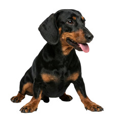 Obraz premium Black and tan dachshund dog sitting with tongue out, studio cutout Isolated on transparent background, png