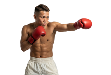 Muscular Asian Boxer in Red Gloves Throwing Punch on White Background