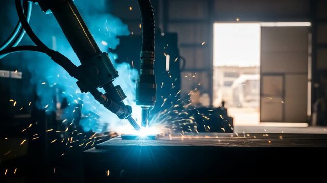 Industrial robotic arm welding metal with bright blue sparks and smoke in factory workshop cinematic footage