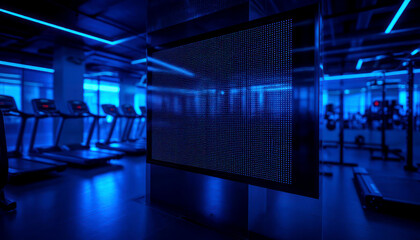 Modern gym interior with high-tech display and blue lighting
