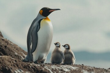 Fototapeta premium Emperor penguin family antarctic habitat wildlife photography icy environment close-up view maternal bonding