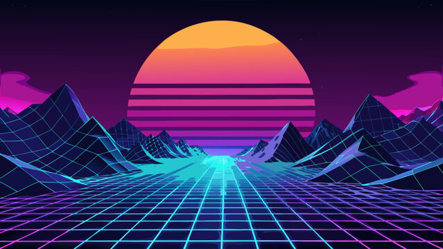 Retro futuristic sunset over mountains