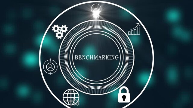 Benchmarking  Concept with Business Technology Network, Digital Communication, Data Analytics, Marketing Strategy and Online Interaction Interface