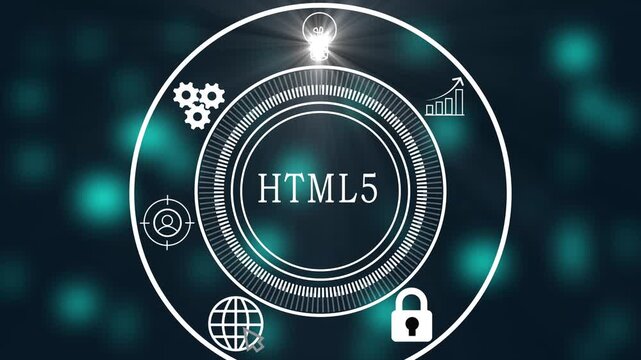 HTML5 Concept with Business Technology Network, Digital Communication, Data Analytics, Marketing Strategy and Online Interaction Interface