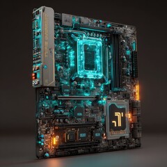 Fototapeta premium Detailed closeup of a complex motherboard with glowing teal and orange accents presented on a dark background