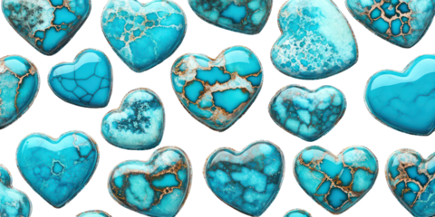 Seamless pattern of turquoise or agate heart shapes with stone texture on transparent background