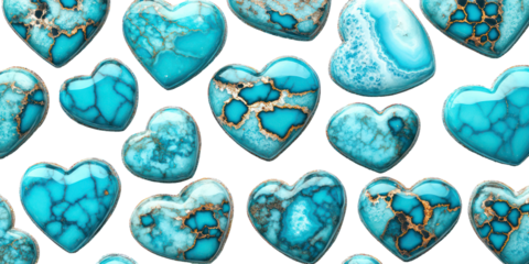 Seamless pattern of turquoise or agate heart shapes with stone texture on transparent background