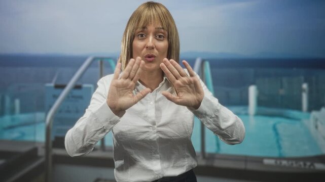 Woman showing hands gesturing and clapping by rooftop pool on building deck; welcoming audience connection.
