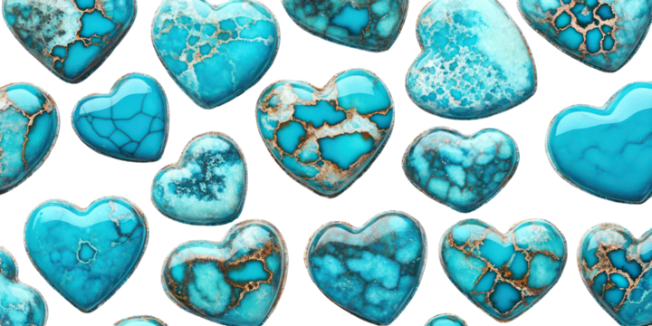 Seamless pattern of turquoise or agate heart shapes with stone texture on transparent background - Powered by Adobe