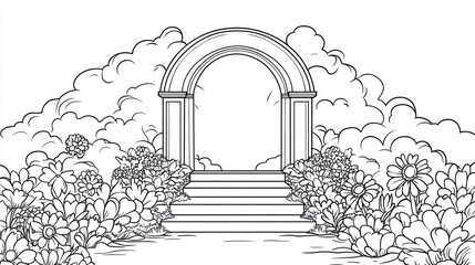 Black and white archway garden scene