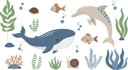 Cute ocean animals illustration set with whale dolphin fish and sea plants, playful underwater wildlife collection for kids education and marine themed designs flat vector style © Mostafijur