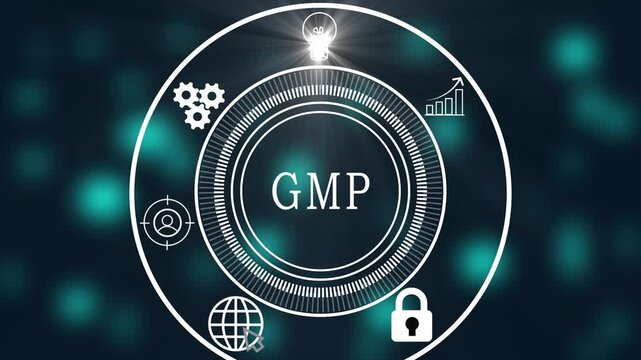 GMP Concept with Business Technology Network, Digital Communication, Data Analytics, Marketing Strategy and Online Interaction Interface