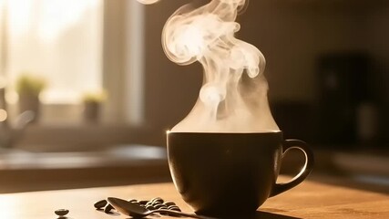 Warm cup of coffee steaming in cozy kitchen setting