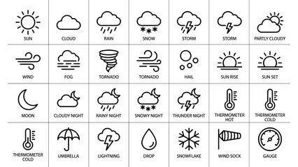 Obraz premium Weather forecast line icons set. Vector meteorology symbols collection. Minimalist climate elements. Sun cloud rain snow storm temperature wind. Web interface signs. Atmospheric icon.