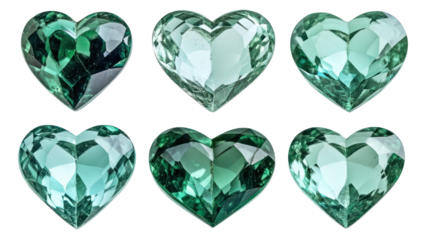 Green heart gems, valentine love jewelry, shiny gemstones, isolated on transparent background