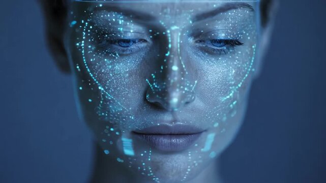 Medium shot of a modern AI device scanning a womans face assessing skin moisture levels with detailed digital data overlays.