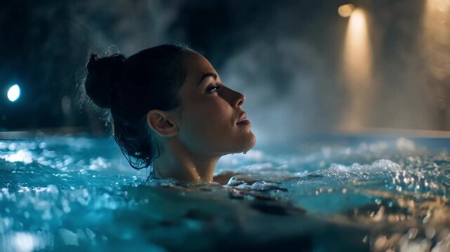 Medium shot of a person enjoying a soothing hydrotherapy bath surrounded by bubbling water and calming steam in a serene spa setting.