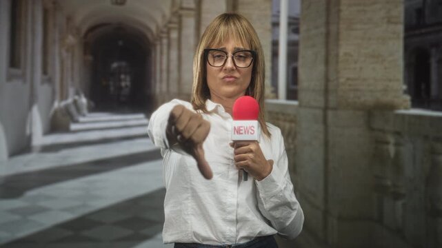 Woman reporter holds red microphone and points thumb down in building corridor with arched walkway and stone balustrade; disapproval.