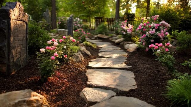 Scenic memory garden path lined with natural stone markers and blooming shrubs creating a soothing environment for collective remembrance.