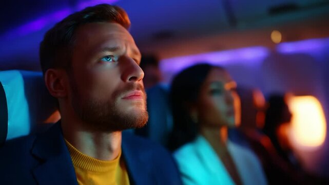 A thoughtful man gazes out during a nighttime flight, surrounded by soft purple lighting and fellow passengers. The mood evokes introspection and the serene yet stimulating atmosphere of travel.