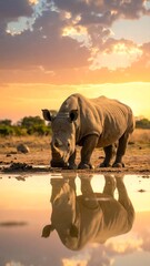 Obraz premium A rhino drinks water with a golden sunset in the background