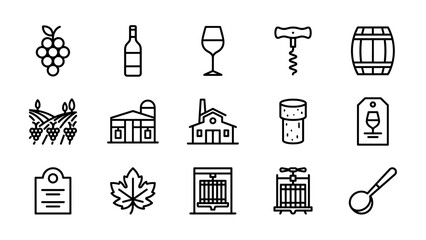 Wine and winery line icons set. Vector collection of grapes, bottle, glass, barrel, vineyard, corkscrew. Minimalist outline style. Alcohol beverage symbols. Winemaking production.
