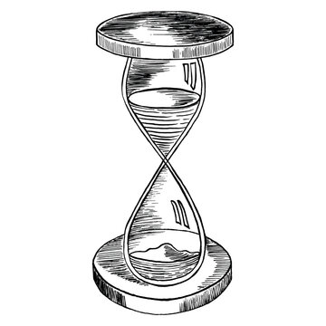 Hourglass in monochrome style. Clock with flowing sand. Vector black and white sketch hand drawn illustration