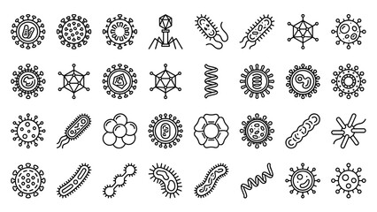 Virus bacteria microorganism structure line icon set. Pathogen microbe germ cell DNA outline. Medical science biology infection disease concept vector collection