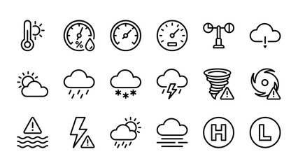 Naklejka premium Meteorology line icons set. Weather forecast symbols. Temperature humidity barometer wind elements. Climate warning signs. Storm rain snow lightning tornado vector collection.