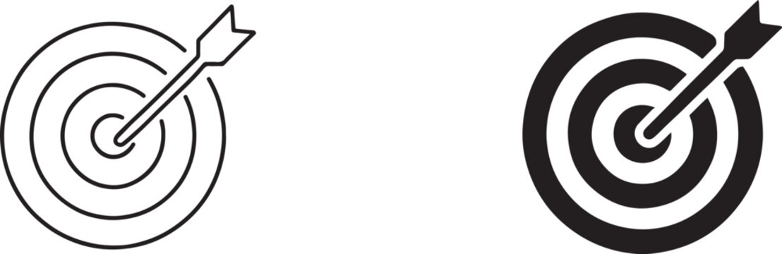 Silhouette target bullseye with arrow line art icon and glyph vector symbol EPS.