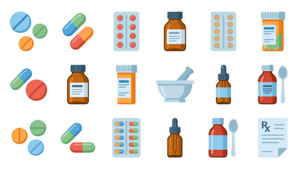 Pharmacy flat icon set. Medical vector collection of pills, bottles, capsules, tablets. Medicine drug icons. Prescription healthcare treatment symbols. Vitamin antibiotic blister pack.