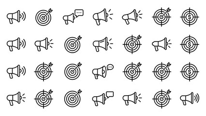 Marketing strategy vector icons set. Megaphone and target line art symbols. Business goal concept. Bullhorn and arrow in bullseye. Commercial promotion. Advertising. Sales success.
