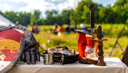 Medieval Fair Display with Sword and Gauntlet.