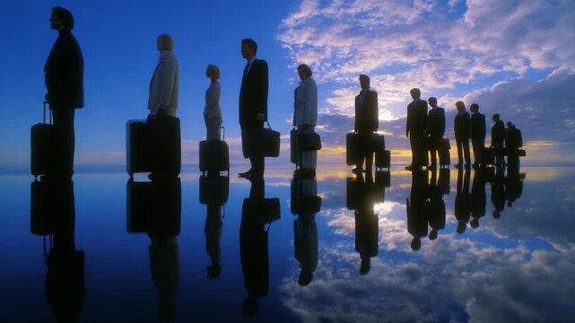 A group of professionals dressed in formal attire stands in line, each holding a suitcase, set against a stunning sky as the sun sets, creating a silhouette effect and captivating reflections on the