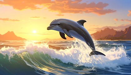 A Dolphin Leaps Out of the Ocean at Sunset.